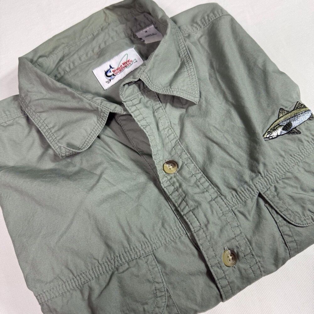 World Wide Sportsman Men’s Button Up Sz M Fishing Shirt‎ Drab Green Camp Hike